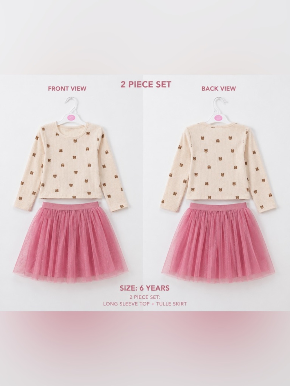 Four pieces Limited Too Beige Bear Top and Sparkly Pink Skirt for twins